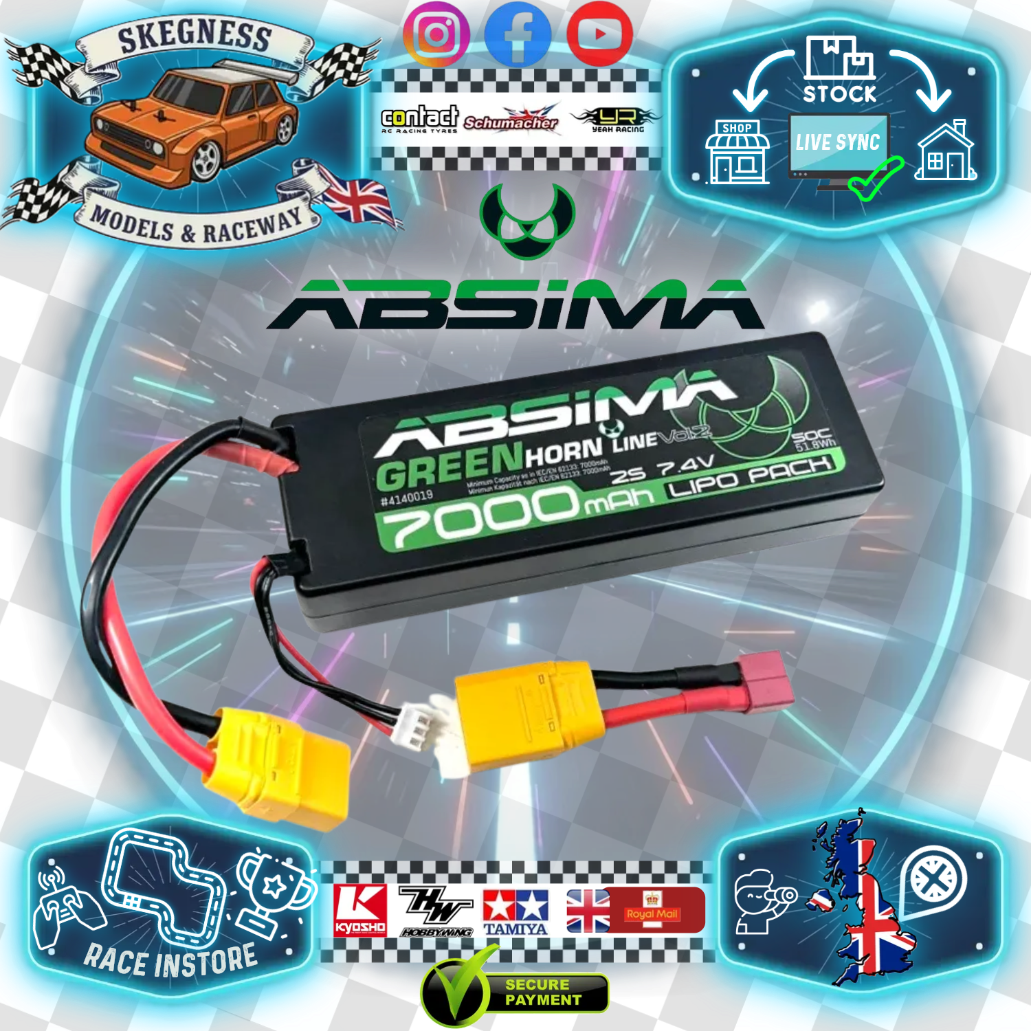 Absima - LiPo Stick Pack 1/10 RC Battery 2S 7.4V 50C 7000mah High Current (XT90/T-Plug Deans) - 4140019