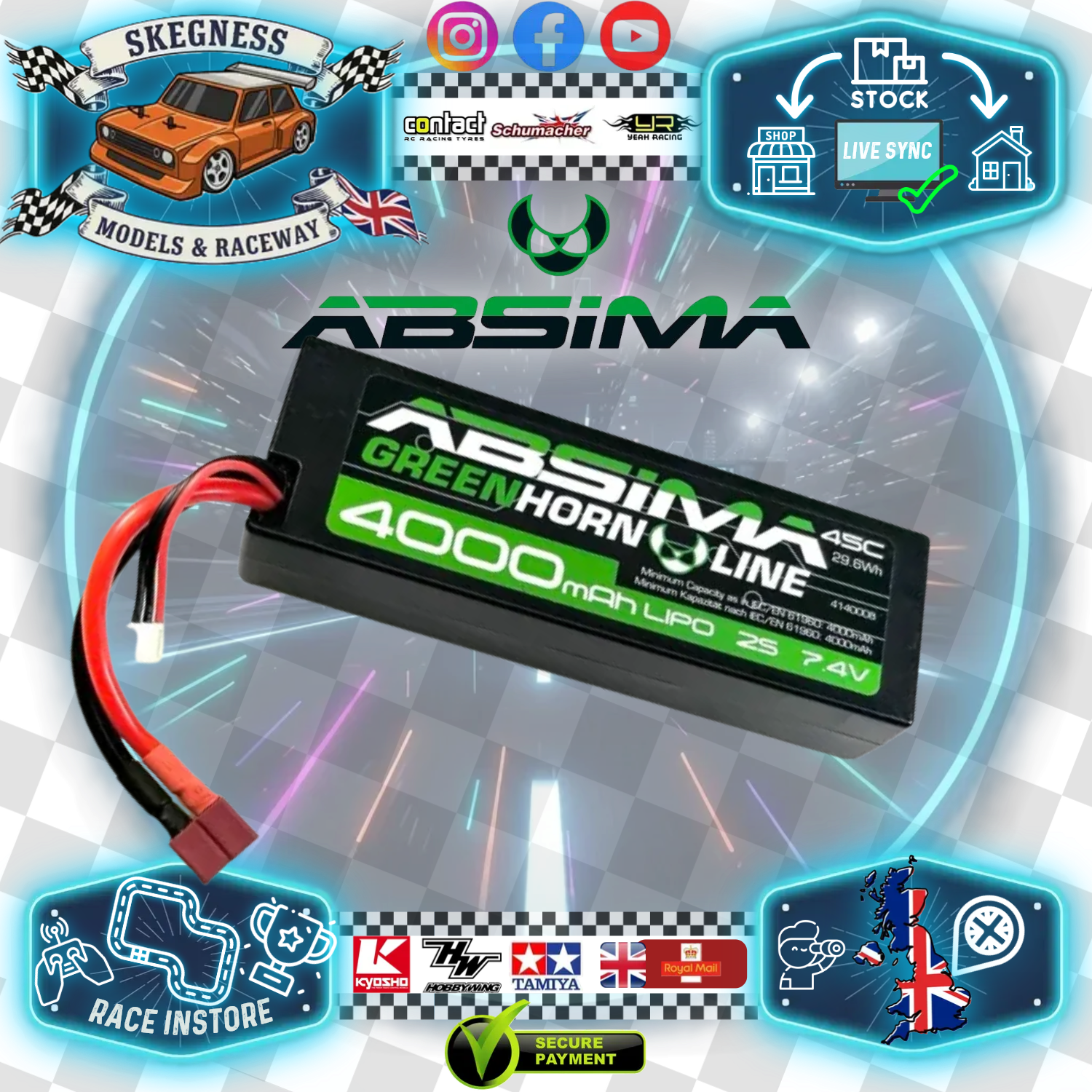 Absima - Greenhorn V2 LiPo Stick Pack 1/10 RC Battery 2S HC 7.4V-50C 4000mah (T-Plug Deans) - 4140008