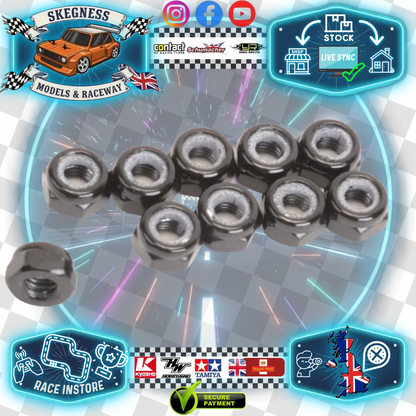 Core RC - M3 Mini GT12 Kamtec / Battcave Alloy Wheel Nyloc Nuts Low Profile - Black (pk10) - CR517 (SLIM-LINE for better grip) only 3.3mm thick