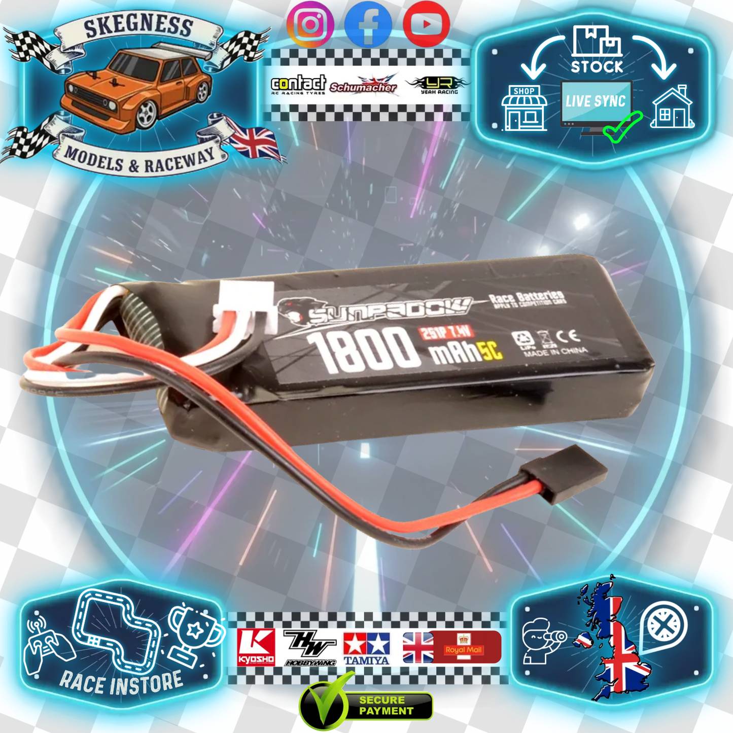 Sunpadow - (Fits Futaba T4GRS) Tx RADIO Lipo 1800mAh (FUTABA PLUG) 5C - 2S 7.4V - SIZE L85xW27xD10mm - SUHE0001