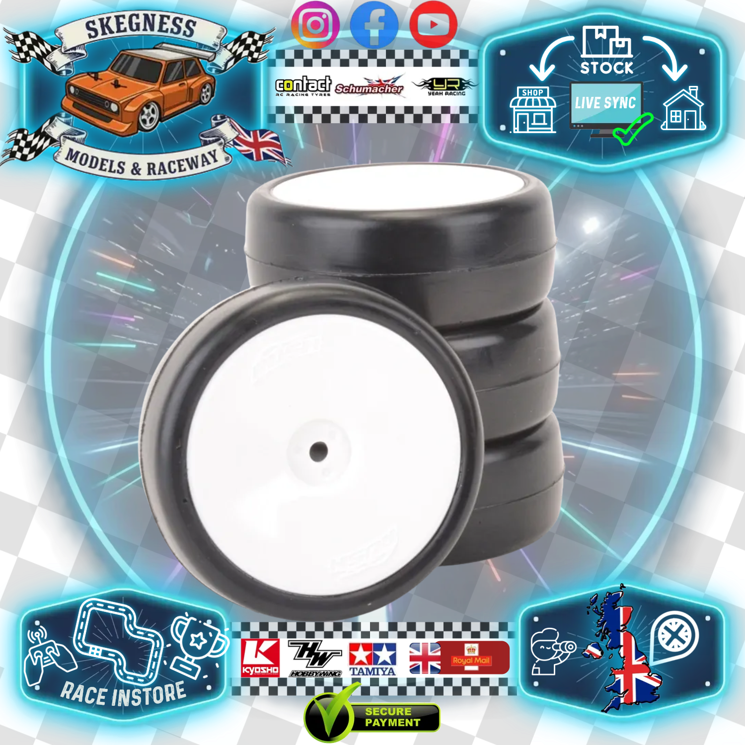 RUSH - 1/10 WHEELS & TIRES / TYRES Carpet PRE-GLUED - 28X - Dish (4pcs) - RU0362 (Recommend Louth & Frostys)