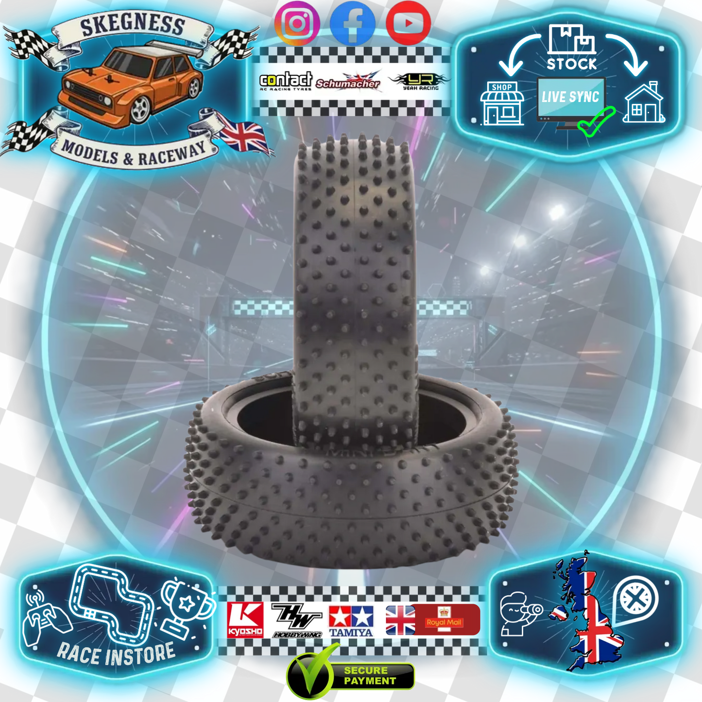 SCHUMACHER - Mini Dart - 1/10 4WD Buggy Tyres / Tires - Front - Yellow - (2pcs) - U6825 (Carpet & Astro)