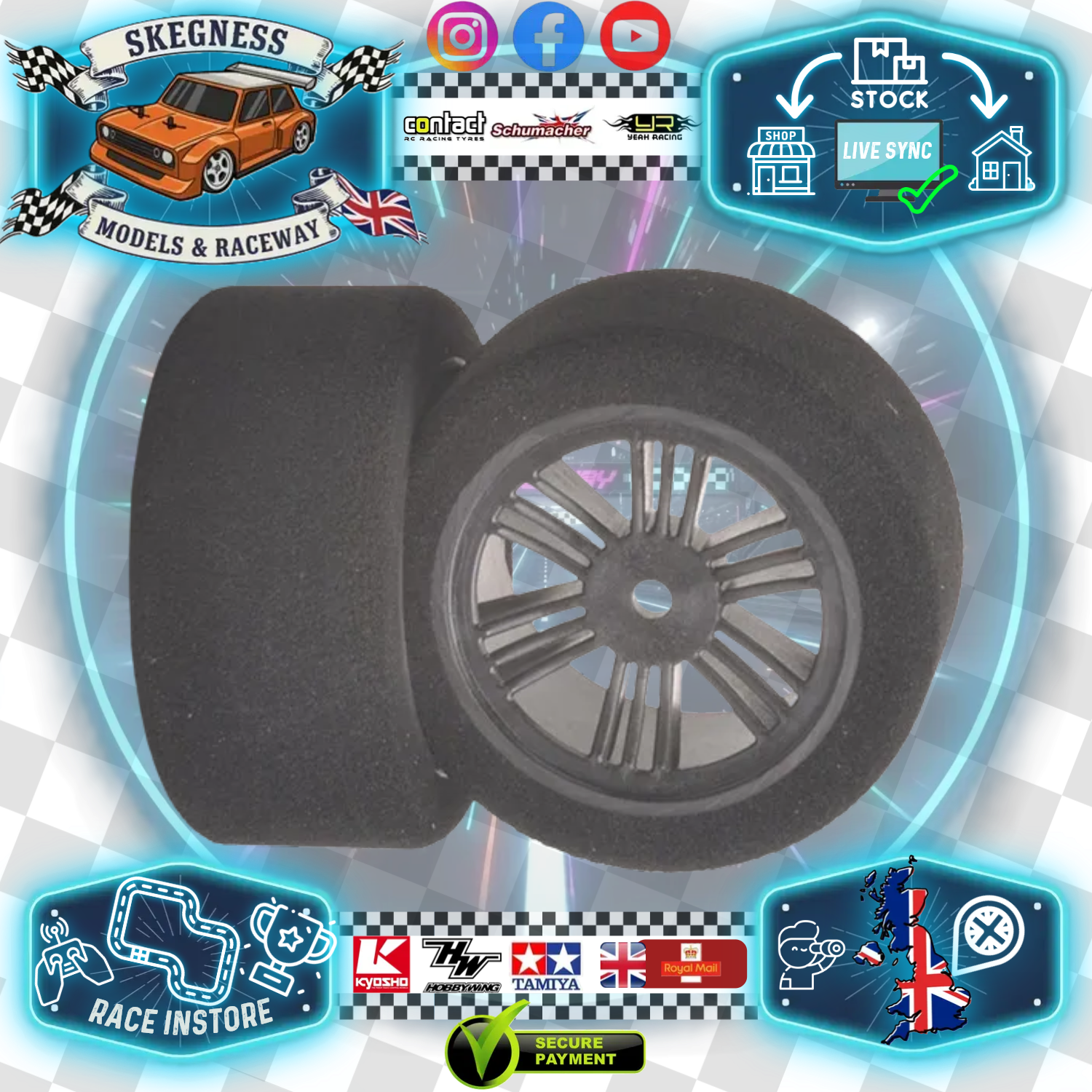 Contact - 1/10 RC Electric Touring Car (Shore 37sh JAP Soft) (30mm Wide Rears) CARBON BLACK Foam Wheels & Tyres / Tires - (2pcs) J13774 (JAP=offering excellent wear characteristics on Tarmac)