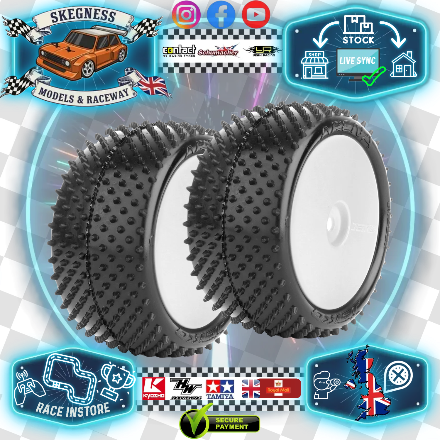 Jetko - Mini Spike - 1/10 2.2IN BUGGY TYRE/TIRES Glued White Wheels - 2WD / 4WD Rear - EOS YELLOW - JK2003EEGW (Polished Floor/Carpet/Astro)