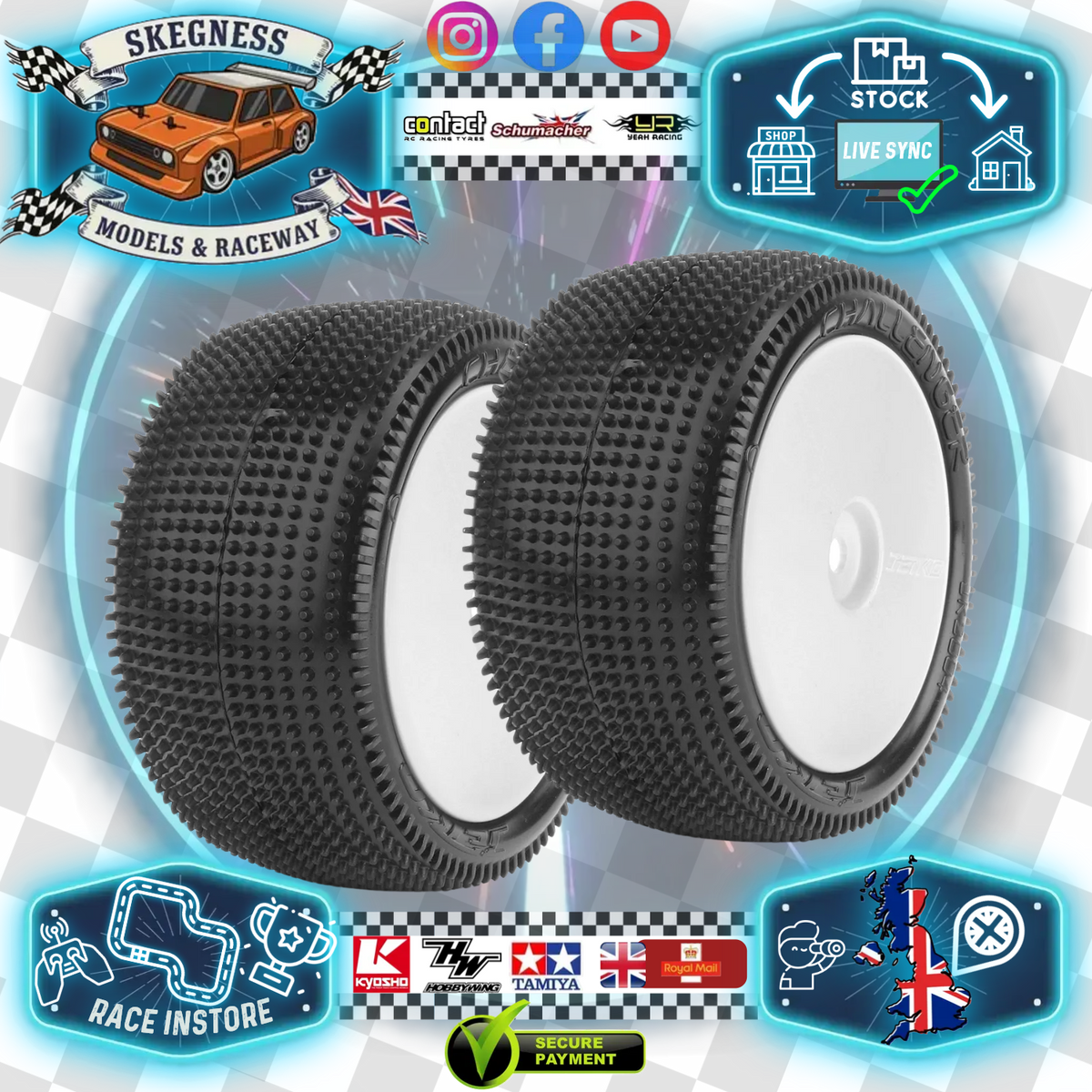 Jetko - Mini Pin - 1/10 2.2IN BUGGY TYRE/TIRES Glued White Wheels - 2WD / 4WD Rear - EOS YELLOW - JK2004EGW (Polished Floor/Carpet/Astro)