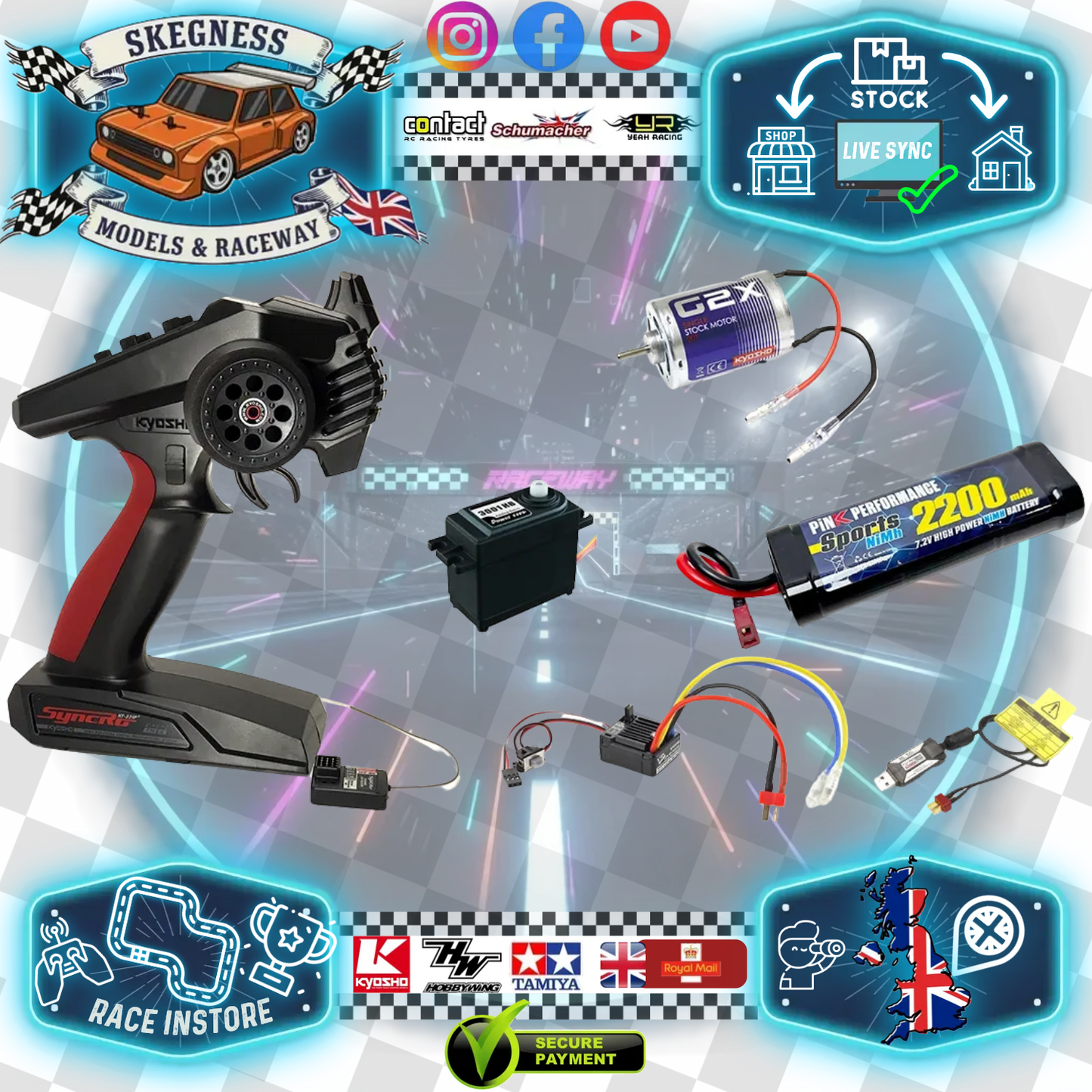 Kyosho - RC Car/Buggy Combo Starter Set 1/10 - Radio, Battery, Charger, Motor, Servo & ESC - (KT231-70703-82245B-HD3001-Batt-Charg)