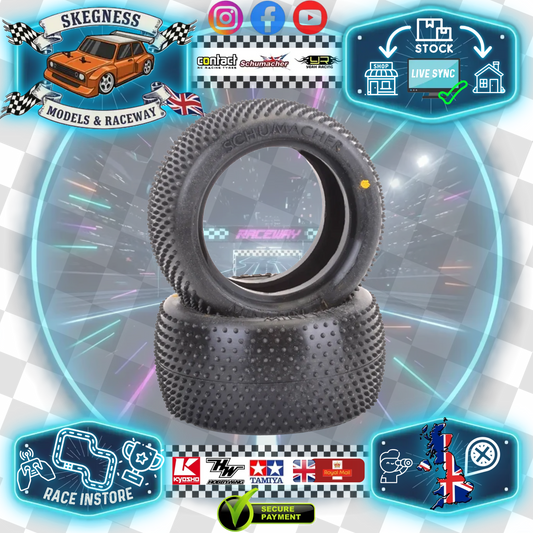 Schumacher - Mini Pin Small (original improved) - 2.2in 1/10 Buggy Tyres / Tires - 2WD/4WD Rear - Yellow - (2pcs) U6817 (Perfect for Wood Floor or High Grip Carpet)