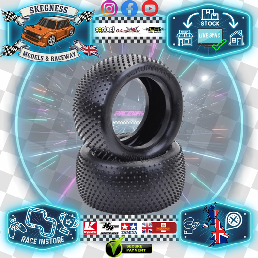 SCHUMACHER - MINI PIN 2 - 1/10 2.2IN BUGGY TYRE/TIRES - 2WD / 4WD REAR - YELLOW - U6804 (Grass, Carpet & Astro) Thinner Side Wall - More Traction - Quicker Bed in Tyre