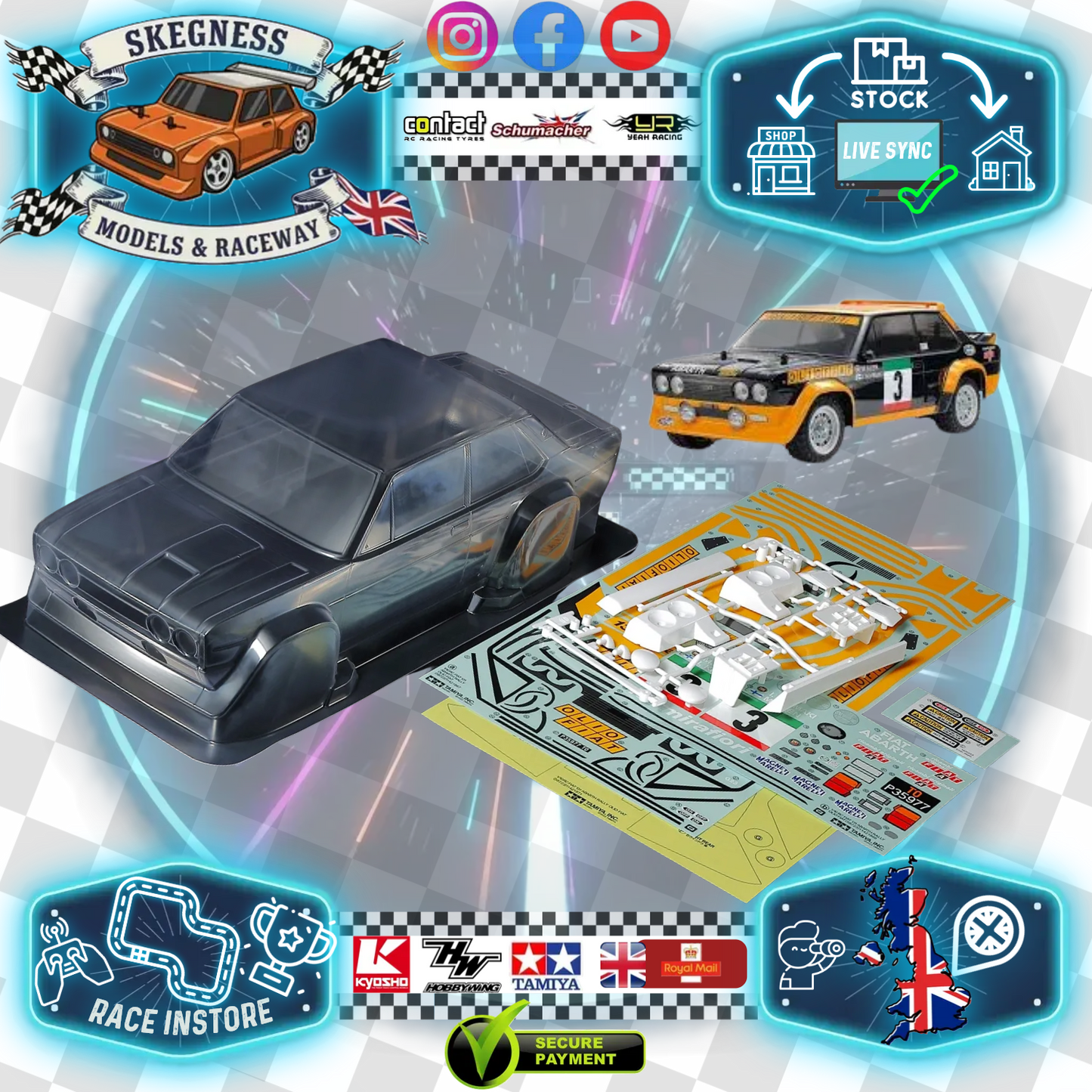 Tamiya - (239mm LWB) FIAT 131 ABRATH RALLY OLIO WRC Body Set in Clear Lexan - For 1/10 M-Chassis MTC (W-165mm x Wheelbase-239mm) (Full sponsor Stickers - lights, windows and grills & body parts)