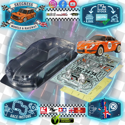 Tamiya 51690 - (210mm) Alpine A110 Jagermeister 1973 Body Set in Clear Lexan - For 1/10 M-Chassis MTC (W-165mm x Wheelbase-210mm) (Full sponsor stickers - lights, windows and grills + Body Parts)