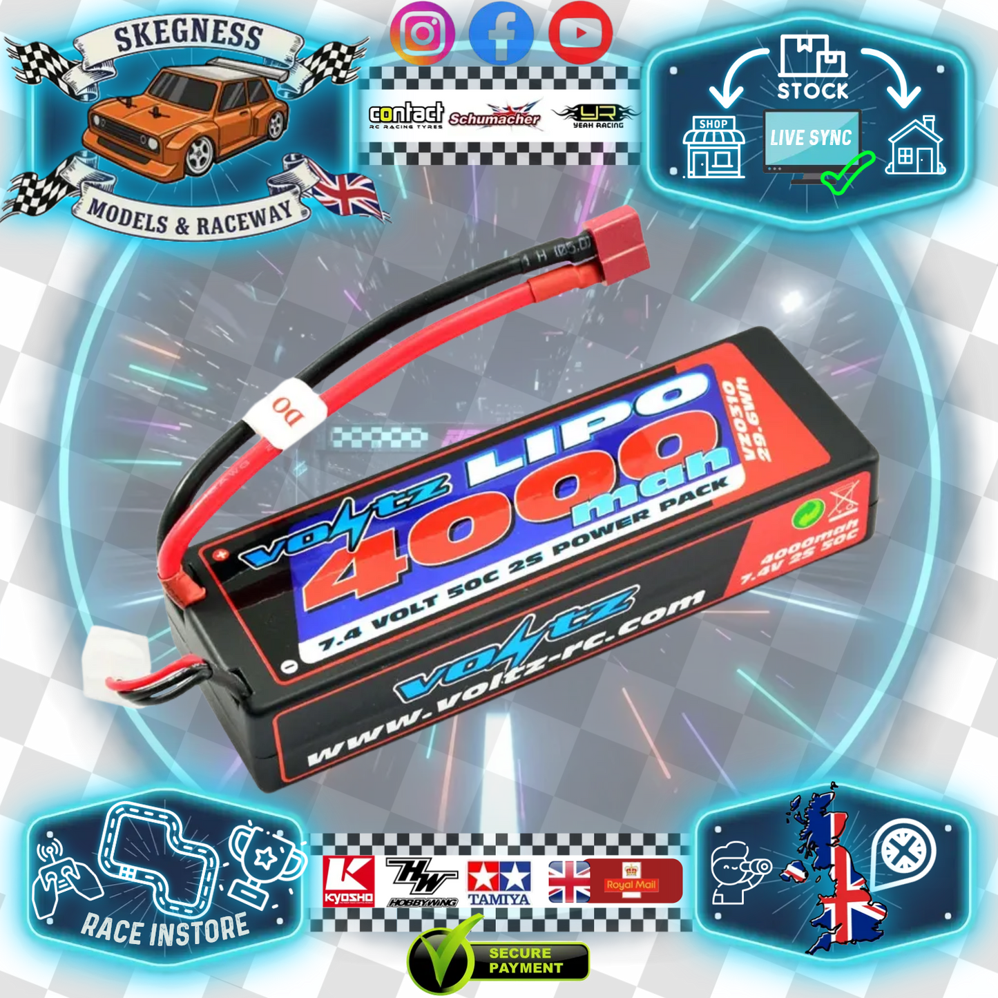 VOLTZ - RC CAR LIPO BATTERY 4000MAH 2S 7.4V 50C HARDCASE STICK PACK - DEANS - VZ0310