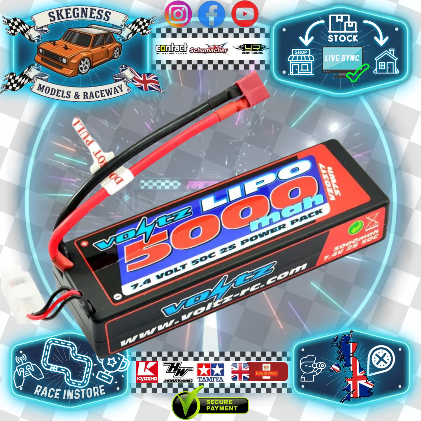 VOLTZ - RC CAR LIPO BATTERY 5000MAH 2S 7.4V 50C HARDCASE STICK PACK - DEANS - VZ0317