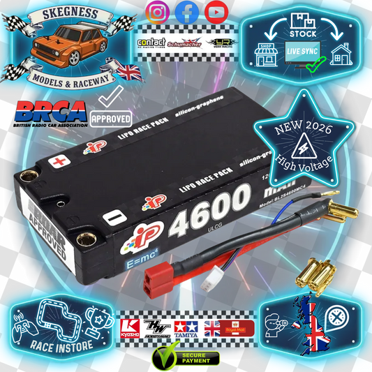 (MC4 2026 Version) Intellect - LiPo LiHV 460mAh 2S Battery 7.6V (L93xW47xH18.5mm Shorty) IPBL2S4600MC4 (Now Also Fits in 1/12th Cars) BRCA APPROVED (includes balance charge cable & bullets)