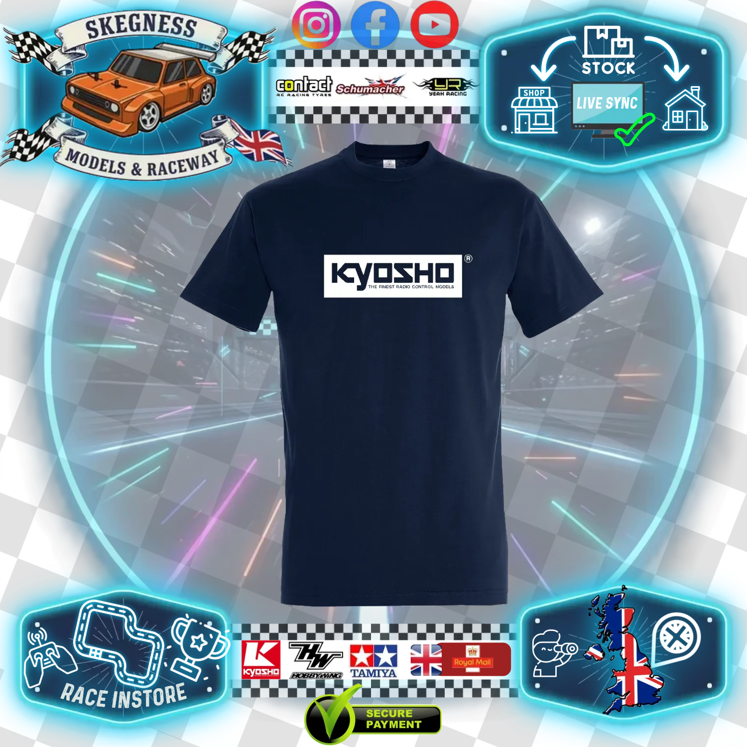 Kyosho - RC CAR RACE WEAR CLOTHING - Spring 24 Navy T-Shirt (Blue) - Printed (Choose Size)
