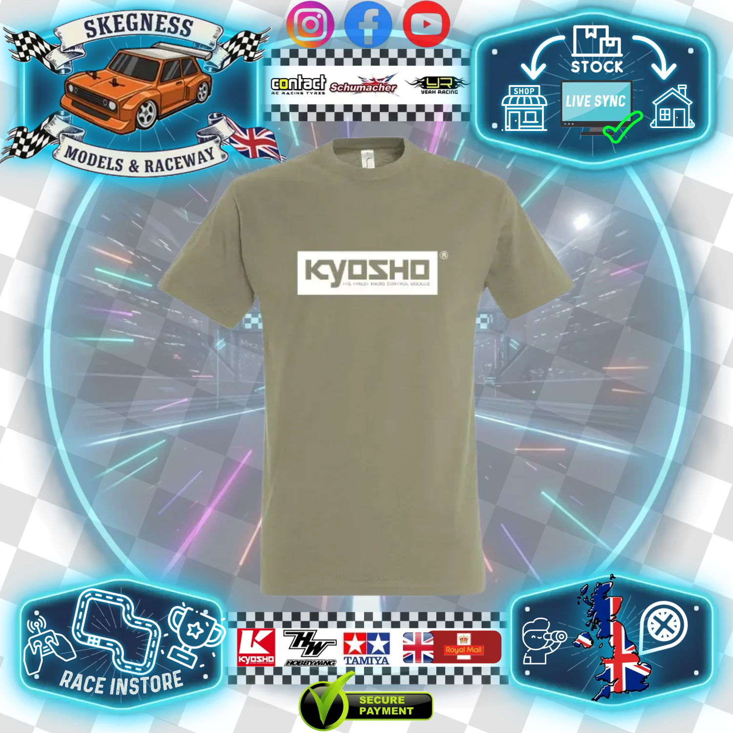 Kyosho - RC CAR RACE WEAR CLOTHING - Spring 24 T-Shirt (KAKI) - Printed (Choose Size)