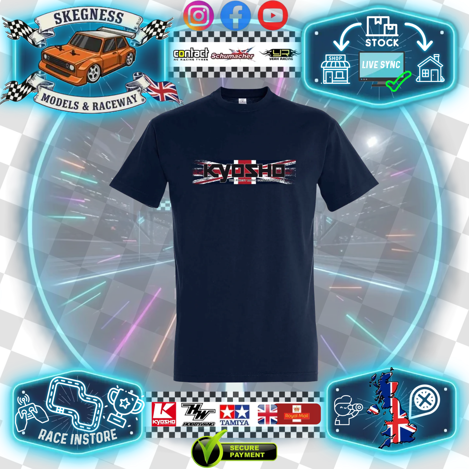 Kyosho - RC CAR RACE WEAR CLOTHING - Union Jack 25 Navy T-Shirt (Blue) - Printed