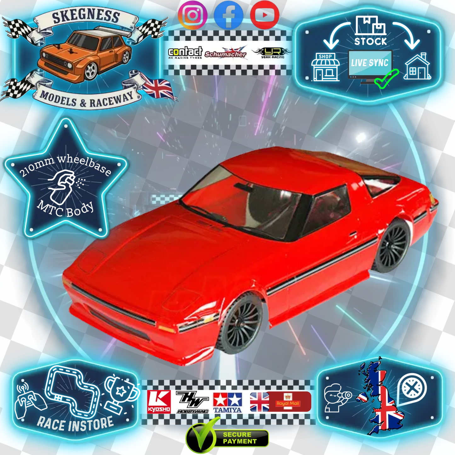 Mazda RX7 Body Shell - FITS MTC M-Chassis size (210MM Wheel Base / 160mm Wide) - Clear with Masking