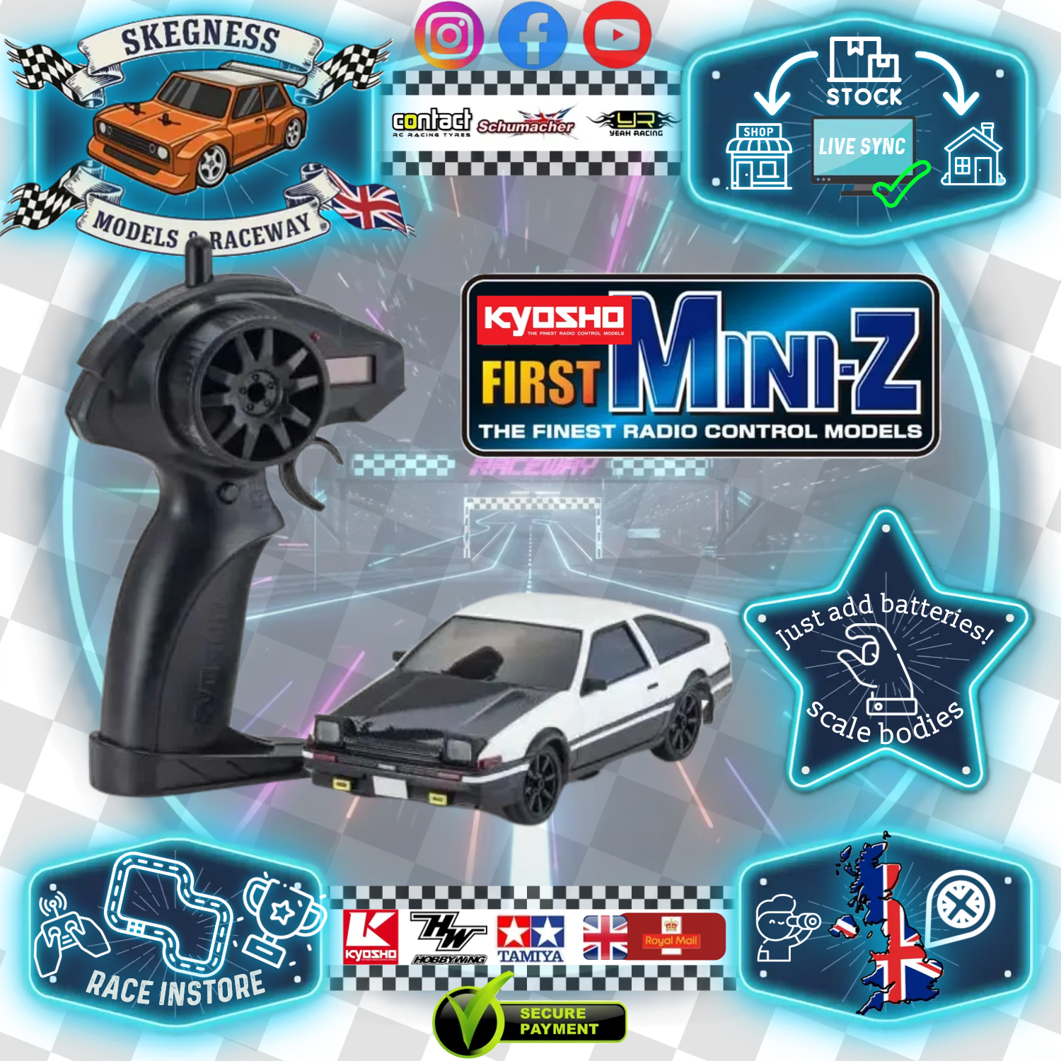 Kyosho - My First Mini-Z 1:28 Initial-D Sprinter Trueno AE86 WH/BK Carbon (1:24th Class) - K.66617A (Micro RC CAR)
