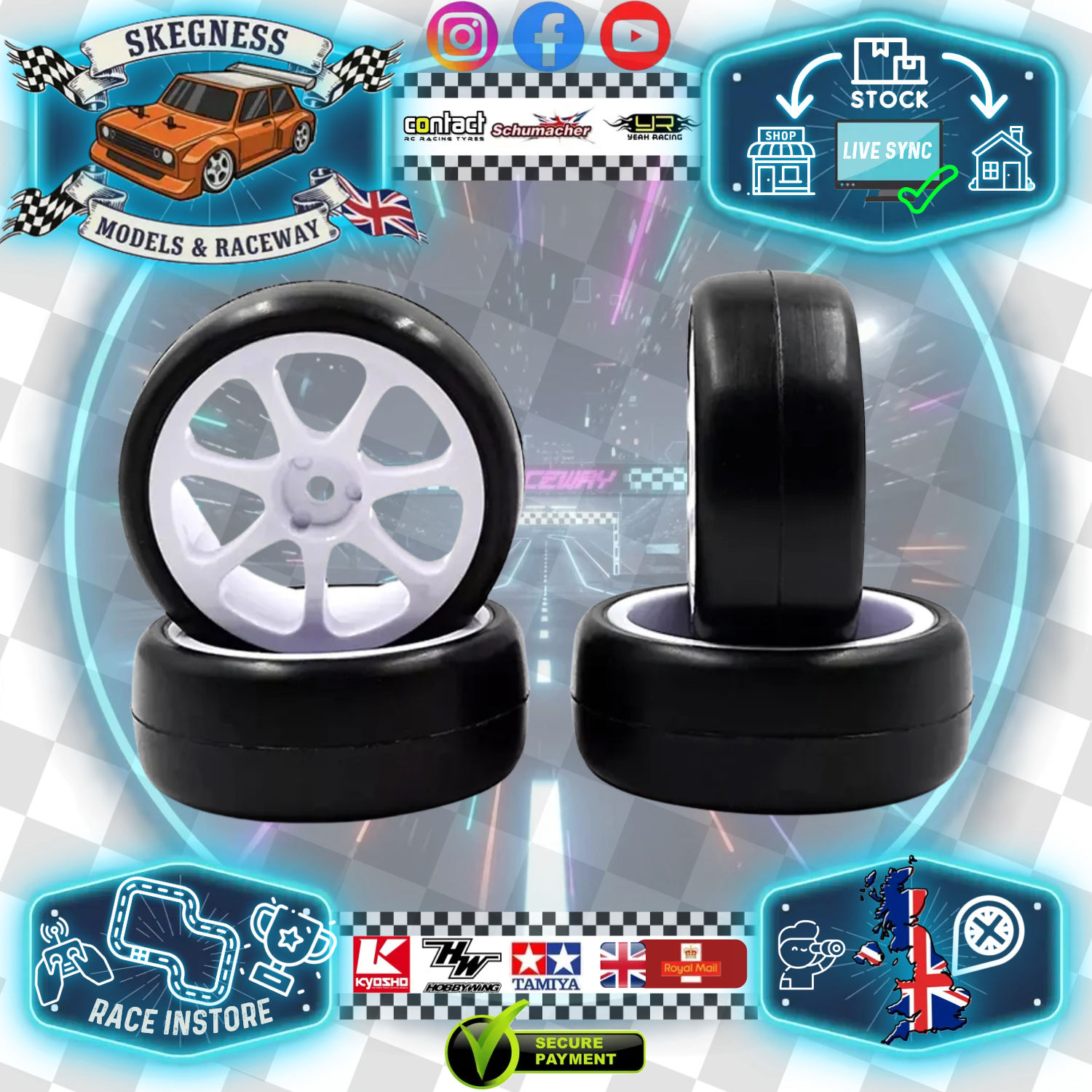 RUSH - 1/10 Car WHEELS & Carpet TIRES / TYRES PRE-GLUED - 28CPM - 7 Spoke - RU0633 (Recommend Louth & Frostys)
