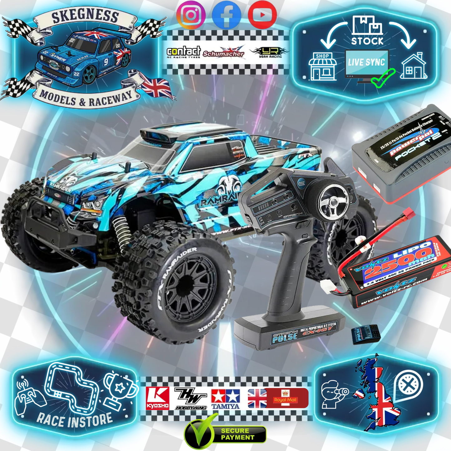 FTX - RAMRAIDER RC 1/10 BRUSHED RTR w/Lipo & Charger MONSTER TRUCK - SKY/BLUE - FTX5499SB