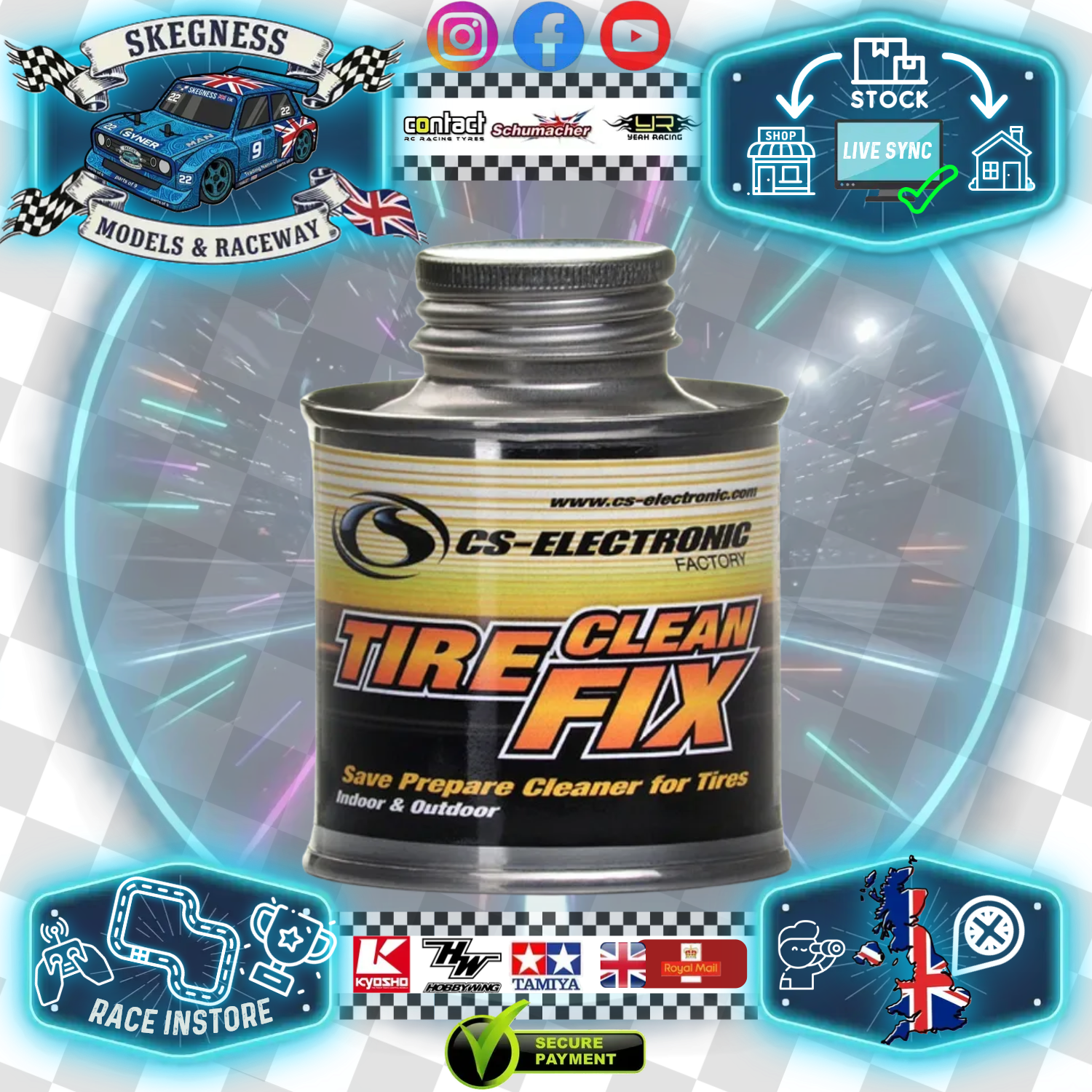 CS - RC Car Rubber Tire lean Fix - (Tyre Cleaner) 100ml Sealed Tin - C6431 (Tip onto lint free cloth, wipe away that tyre pickup)
