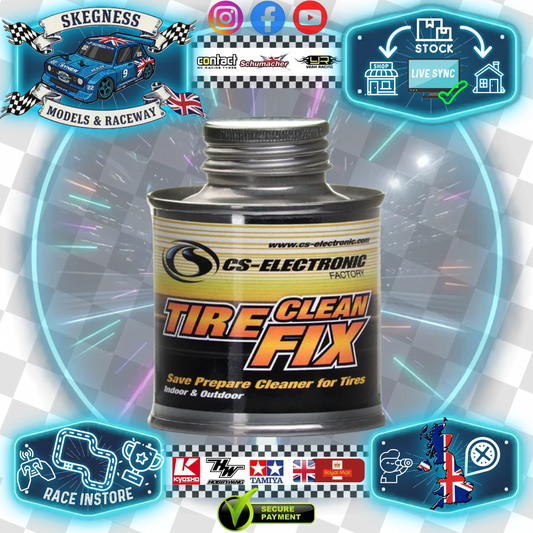 CS - RC Car Rubber Tire lean Fix - (Tyre Cleaner) 100ml Sealed Tin - C6431 (Tip onto lint free cloth, wipe away that tyre pickup)