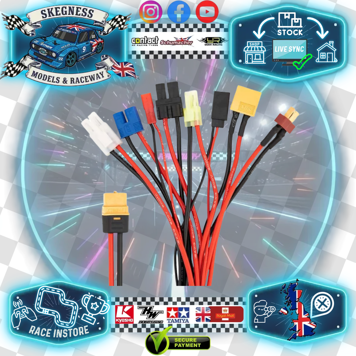 Toolkit RC – 8 in 1 charger cable – XT60 input to Tamiya, EC3, JST, XT60, Traxxas, Mini Tamiya, JST3 and Deans T plug (200mm)