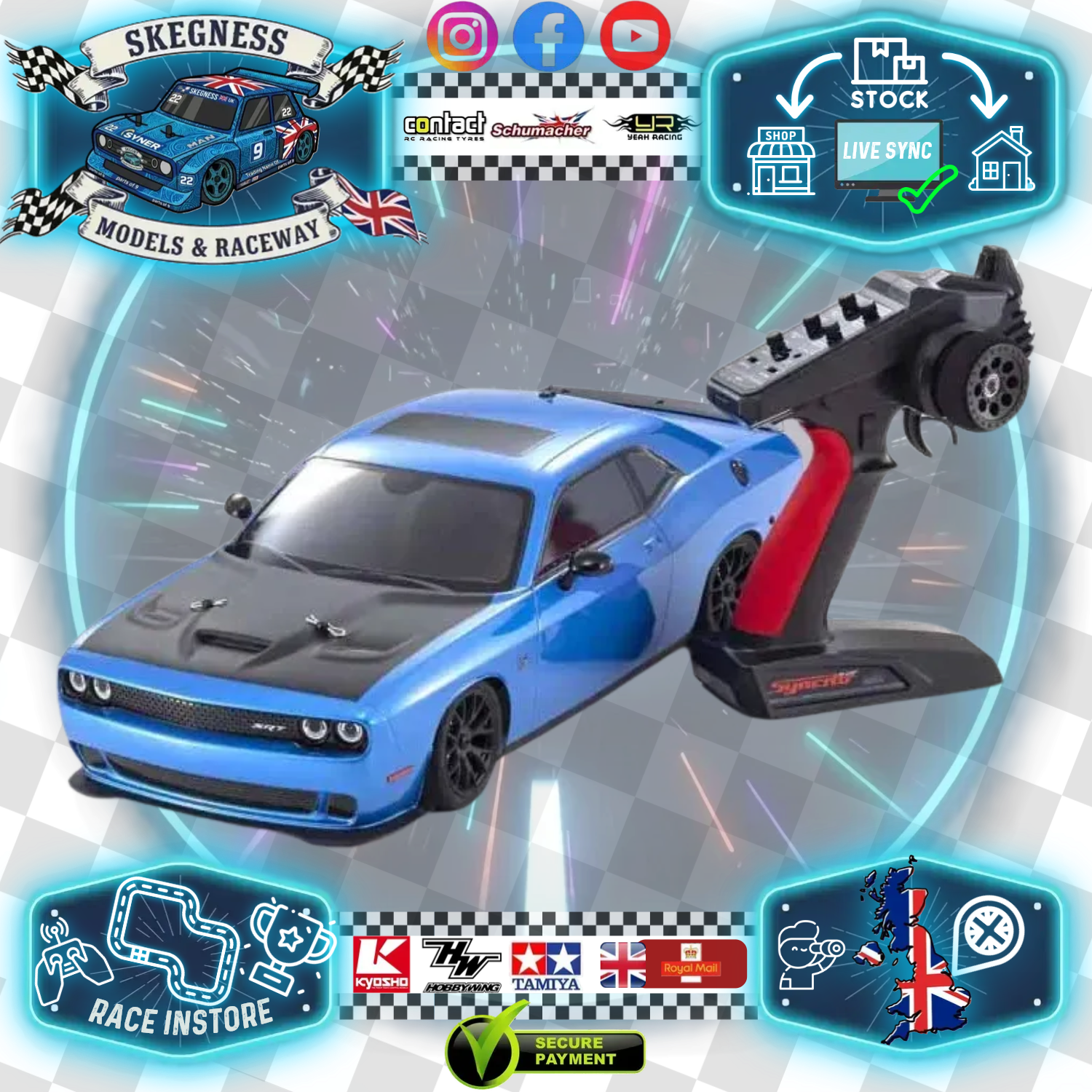 Kyosho Fazer - FZ02 (L) Dodge Challenger SRT 2015 Blue 1/10 RC CAR - RTR Readyset (Brushed) - K.34415T2C (Requires Battery & Charger)