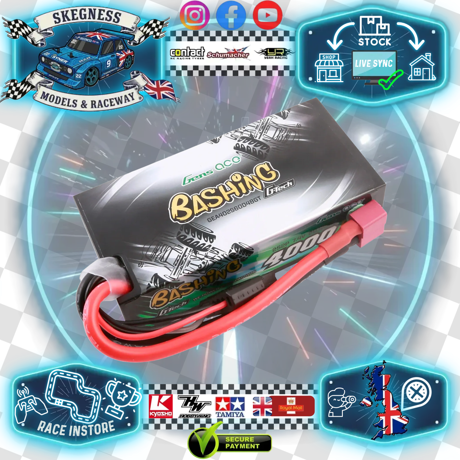 Gensace - G-Tech Hard Case 2S 7.4V 4000mAh 60C Shorty Lipo Battery DEANS (H-25mm, L-96mm, W-47mm) O-GTC2S2P4000-60T