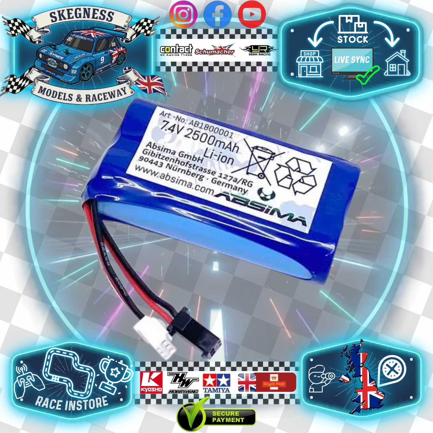 Absima - Li-Ion Battery Pack - 7.4v 2500mAh - Battery Pack (Fits Flysky Radio FS G-11P) (Fits most 1/18 Scale Cars) - AB1800001