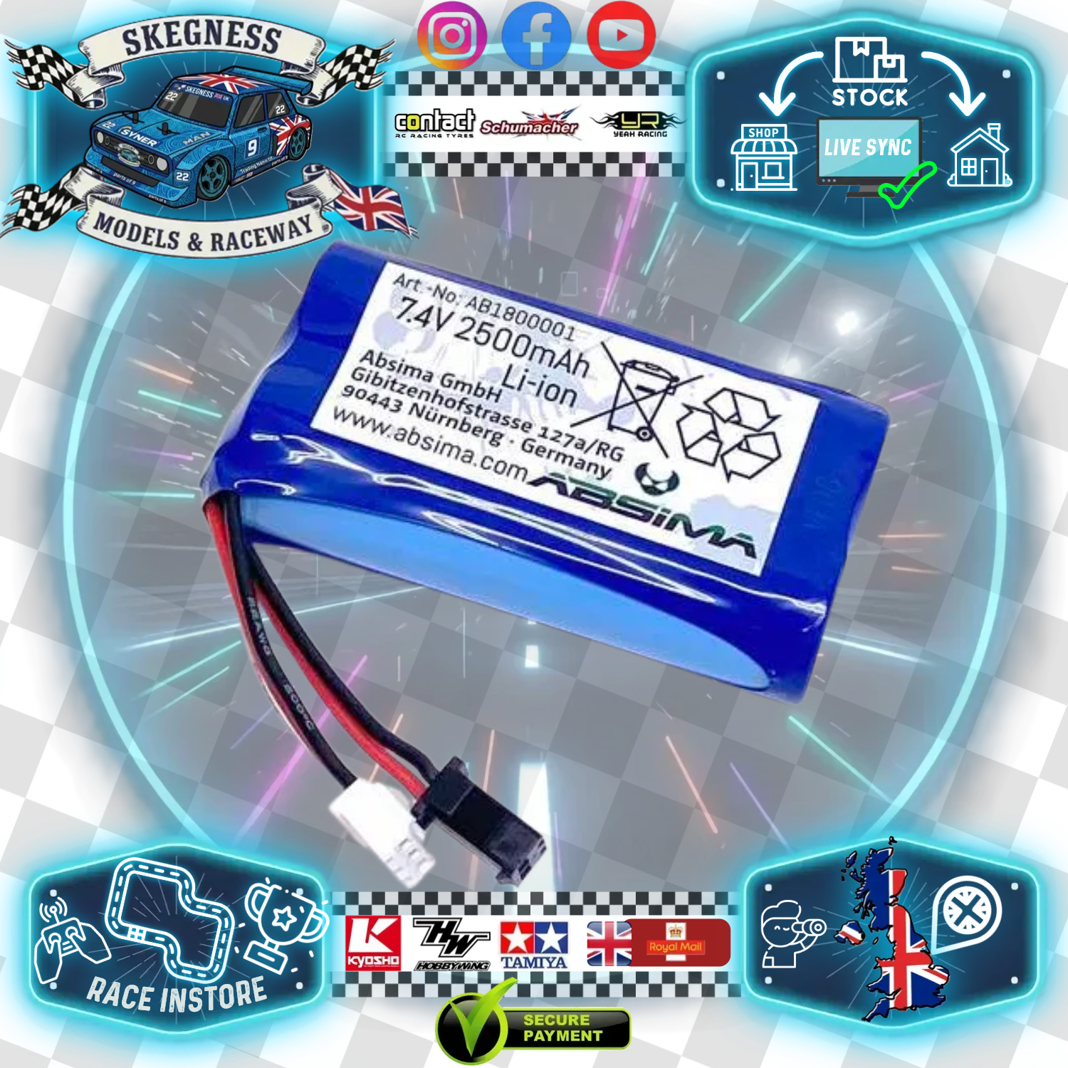 Absima - Li-Ion Battery Pack - 7.4v 2500mAh - Battery Pack (Fits Flysky Radio FS G-11P) (Fits most 1/18 Scale Cars) - AB1800001