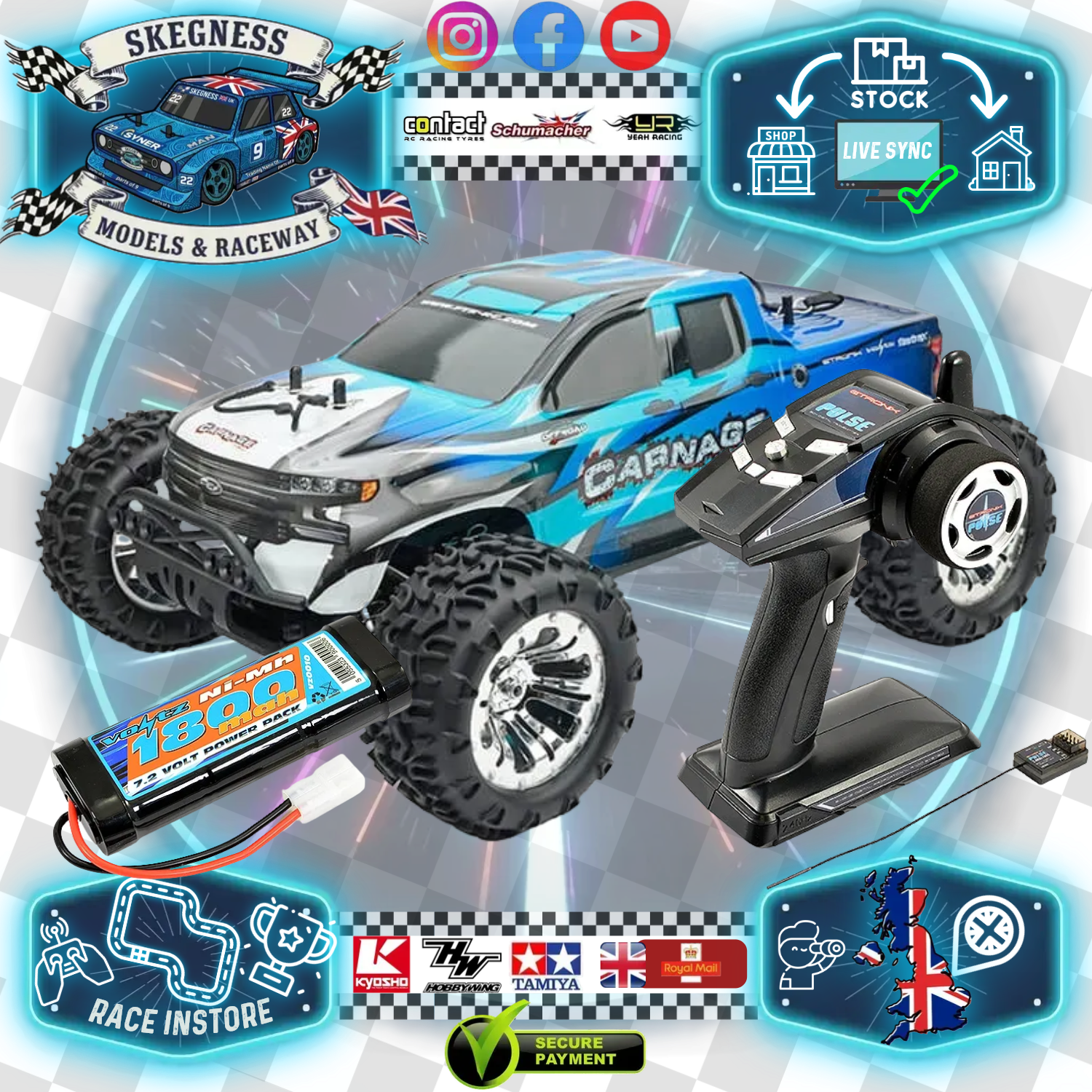 FTX - CARNAGE 2.0 - 1/10th BRUSHED RC TRUCK 4WD RTR - BLUE (With all electrics) - FTX5537B