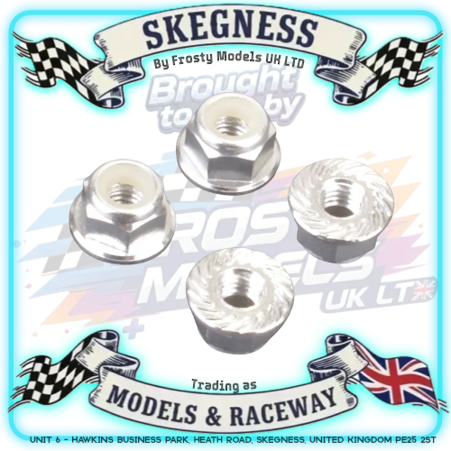 MK - M4 1/10 WHEEL NUTS (7mm Socket) - FLANGED & Serrated LOCKNUTS Silver (4PC) MK5485BL