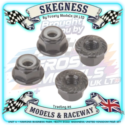 MK - M4 1/10 WHEEL NUTS (7mm Socket) - FLANGED & Serrated LOCKNUTS Black (4PC) MK5485BK