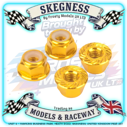 MK - M4 1/10 WHEEL NUTS (7mm Socket) - FLANGED & Serrated LOCKNUTS Gold (4PC) MK5485GD