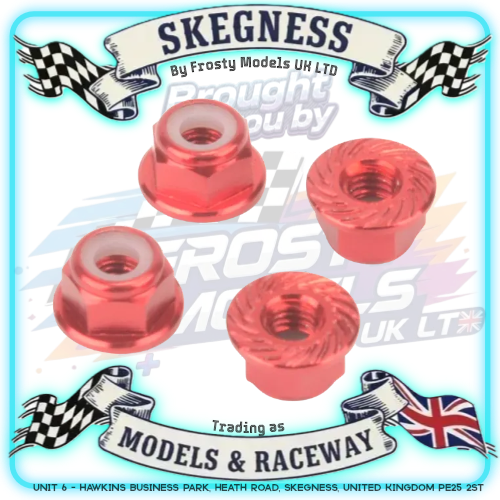 MK - M4 1/10 WHEEL NUTS (7mm Socket) - FLANGED & Serrated LOCKNUTS Red (4PC) MK5485R