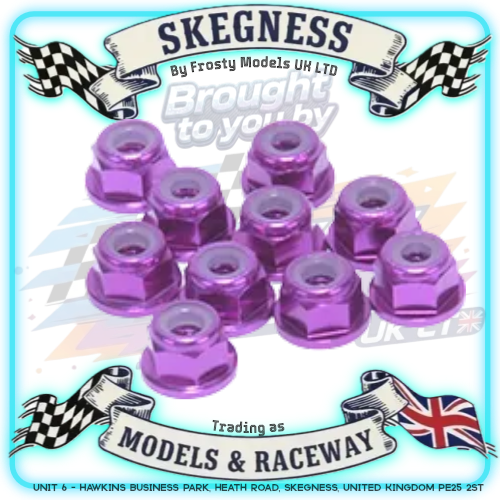 MK - M3 1/12 WHEEL NUTS (5.5mm Socket) - FLANGED Nyloc LOCKNUTS Purple (10PC) MK5403P