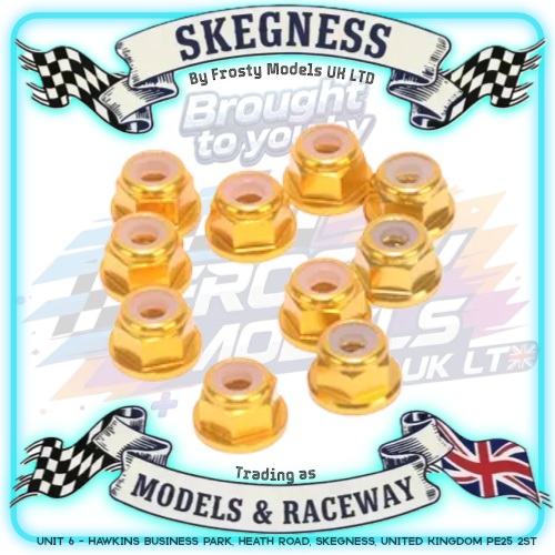 MK - M3 1/12 WHEEL NUTS (5.5mm Socket) - FLANGED Nyloc LOCKNUTS Gold (10PC) MK5403G