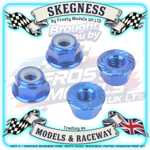 MK - M4 1/10 WHEEL NUTS (7mm Socket) - Blue FLANGED & Serrated LOCKNUTS (4PC) MK5485BL