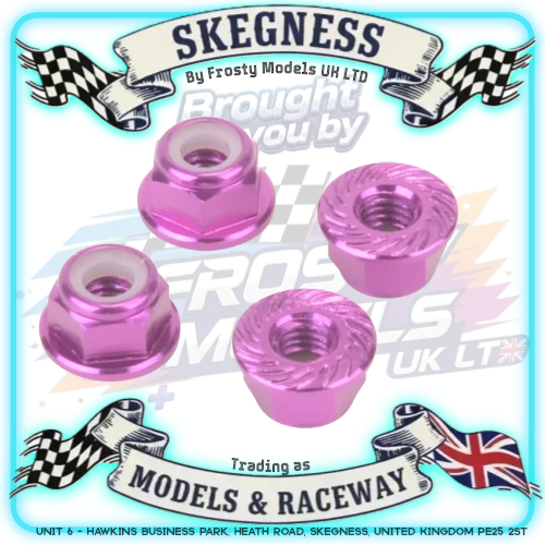MK - M4 1/10 WHEEL NUTS (7mm Socket) - FLANGED & Serrated LOCKNUTS Purple (4PC) MK5485R