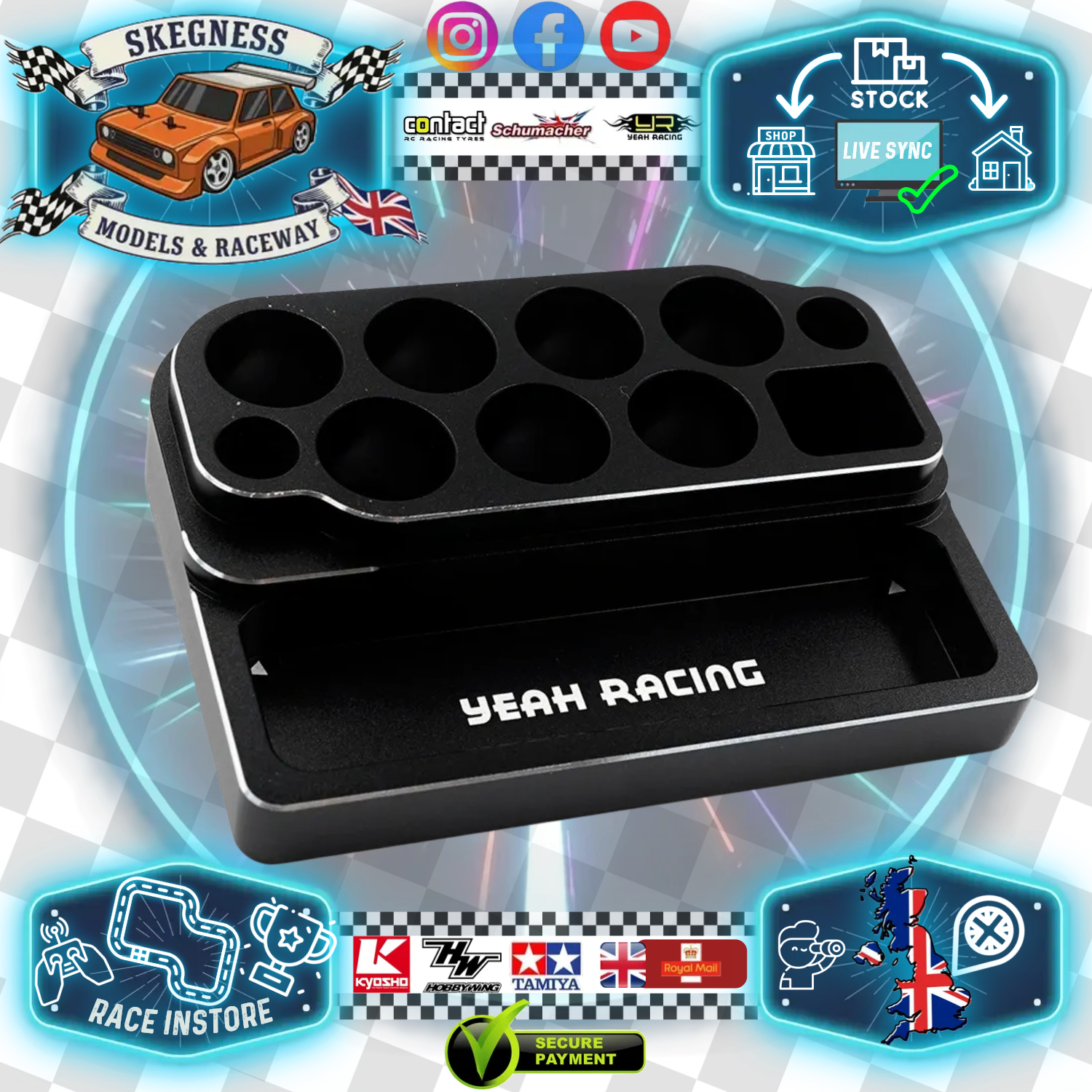 YEAH RACING - Aluminium Mini Tool Wrench Stand & Parts Tray (14.5mm Handle Hole x 7 pcs) (TOOLS NOT INCLUDED) YT-0253BK