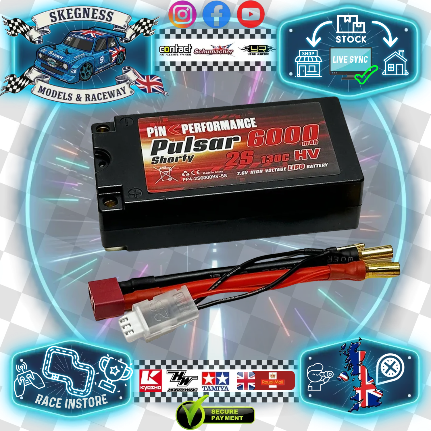 Pink Performance - Pulsar Shorty LiPo 2S 7.6V HV 6000Mah 130C (5mm Bullets) 96.5x47.7x26mm 225g - PP4-2S6000HV-5S (Deans Balance Lead Included)