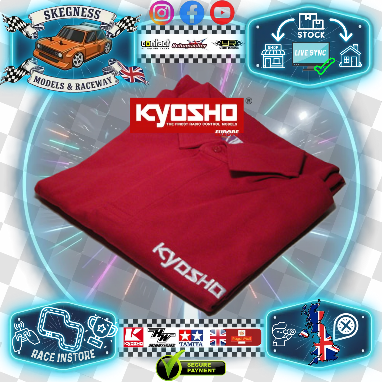Kyosho - RC CAR RACE WEAR CLOTHING - Rugby Polo T-shirt - Red - Embroidered (Choose Size)