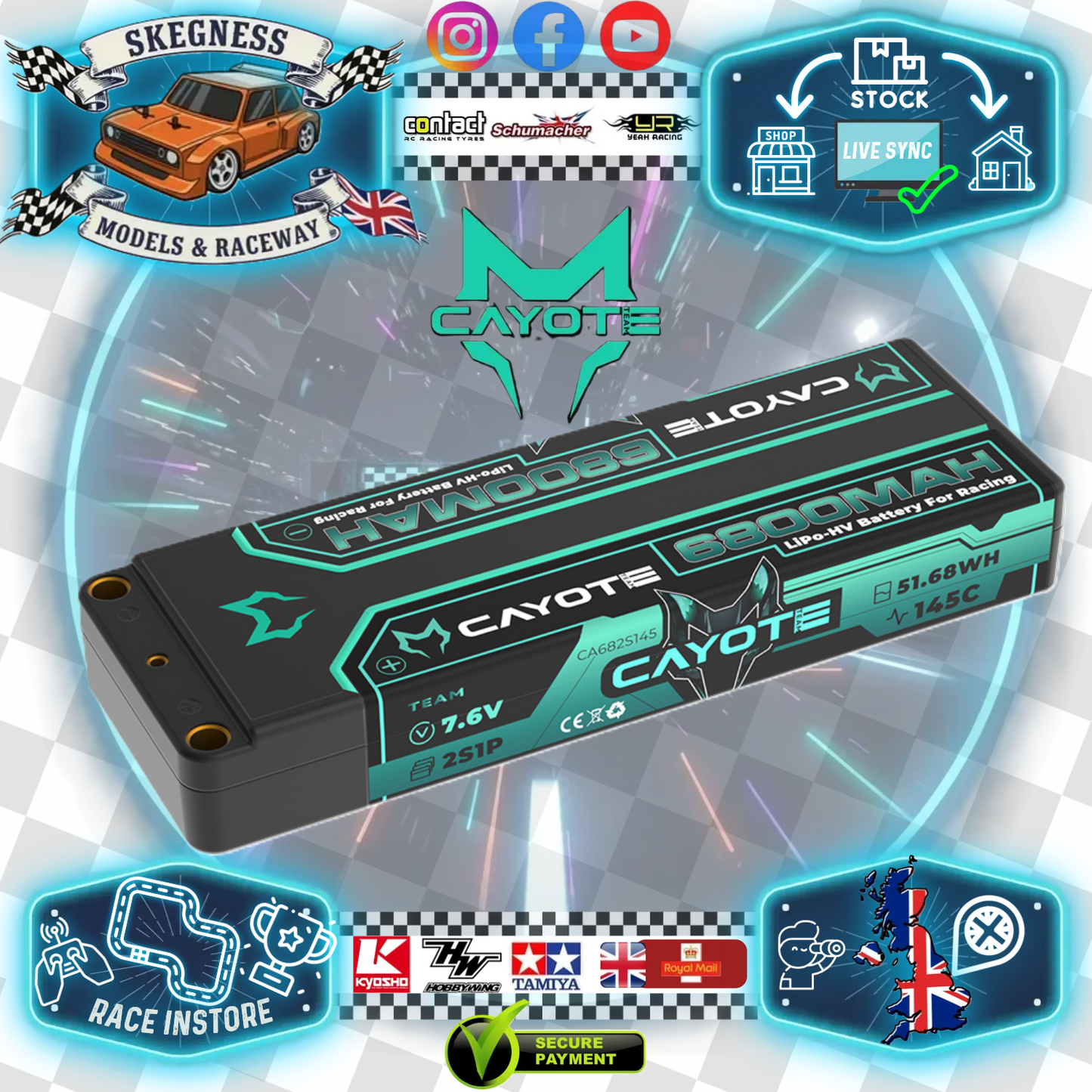 CAYOTE - LiPo 6800mAh HV Stick 7.6v 2S - Low Profile 19.7mm Thick, 249g, 5mm Bullets  - CA682S145