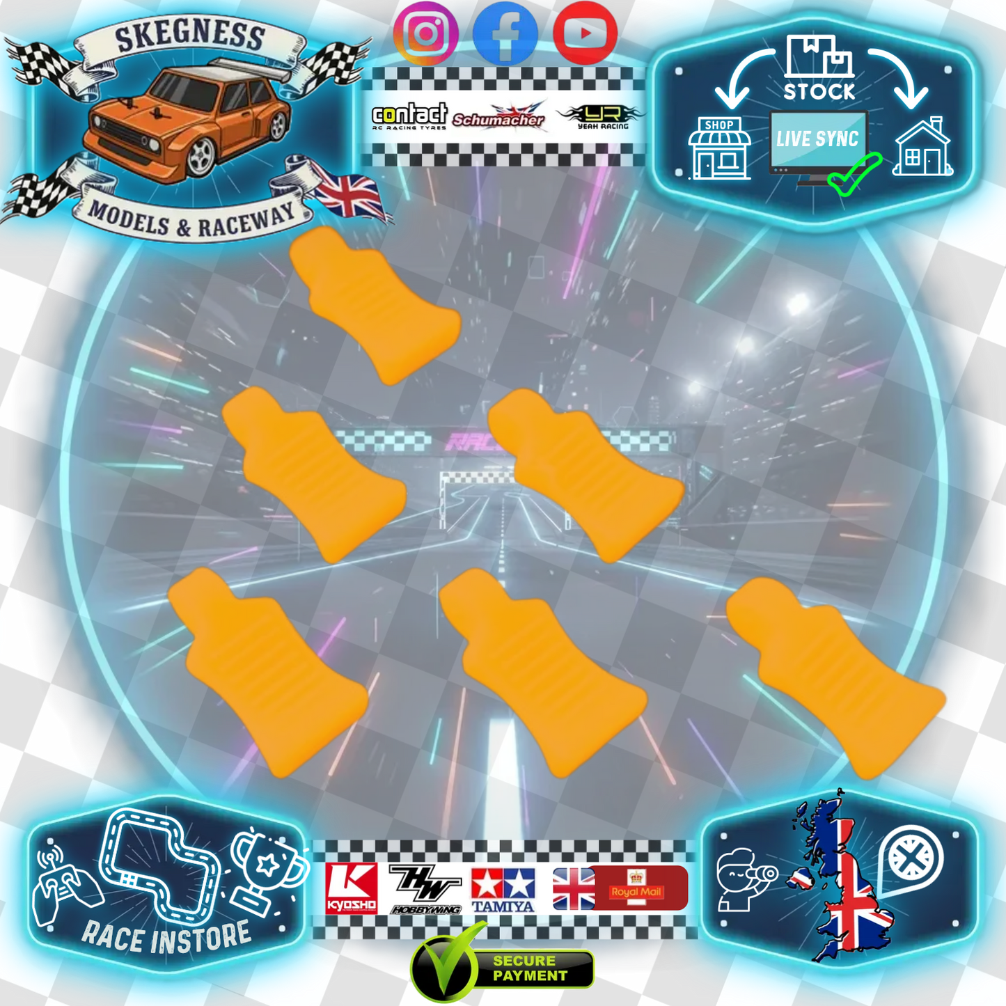 Absima - 1/10 EASY PULL BODY PIN/CLIP RUBBER BIG PULL TABS Neon Orange (6pcs) (PERFECT FOR EURO TRUCK BODIES) No clips included - 2440055