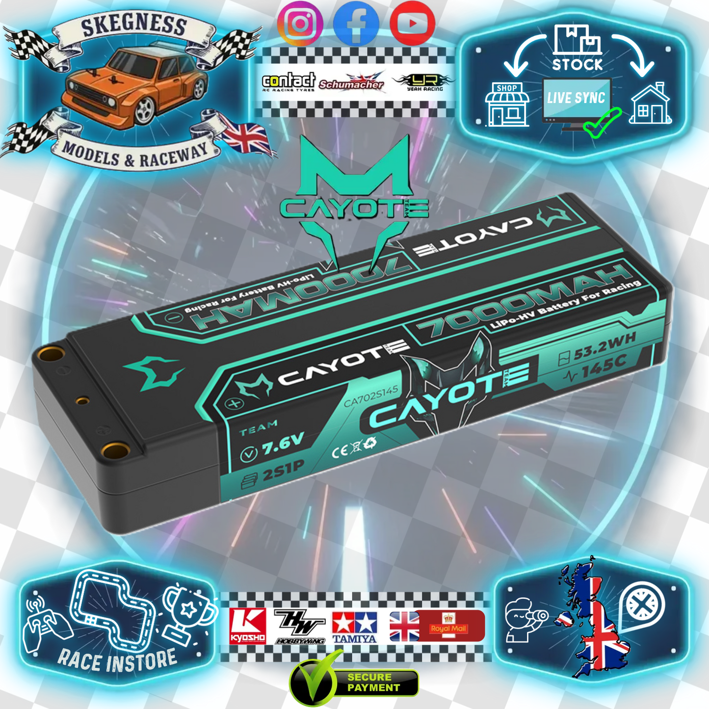 CAYOTE - LiPo 7000mAhHV Stick 7.6v 2S - Low Profile, 22mm Thick, 274g, 5mm Bullets  -  CA702S145