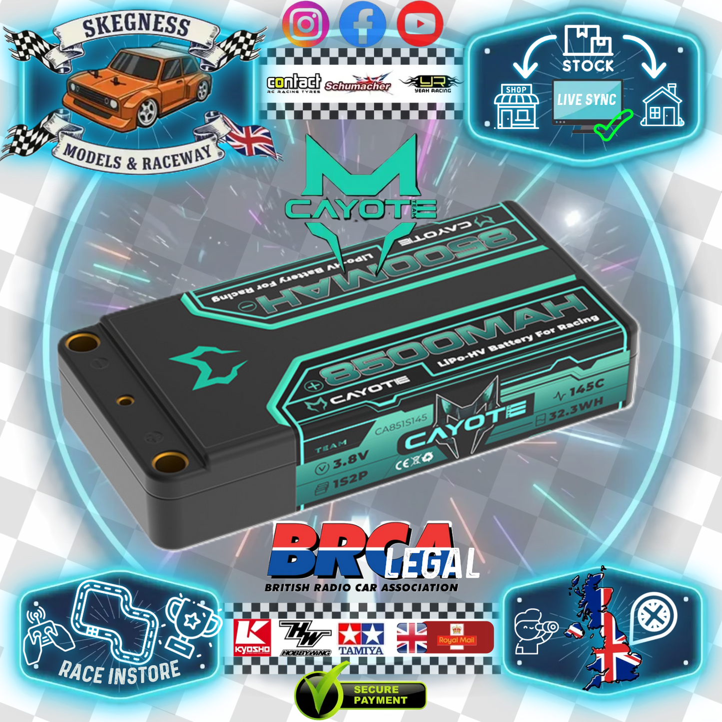 CAYOTE - LiPo 8500mAh HV 1S 3.8v - 18.4mm Thick, 155g Weight - (Ideal for 1/12th Cars) CA851S145