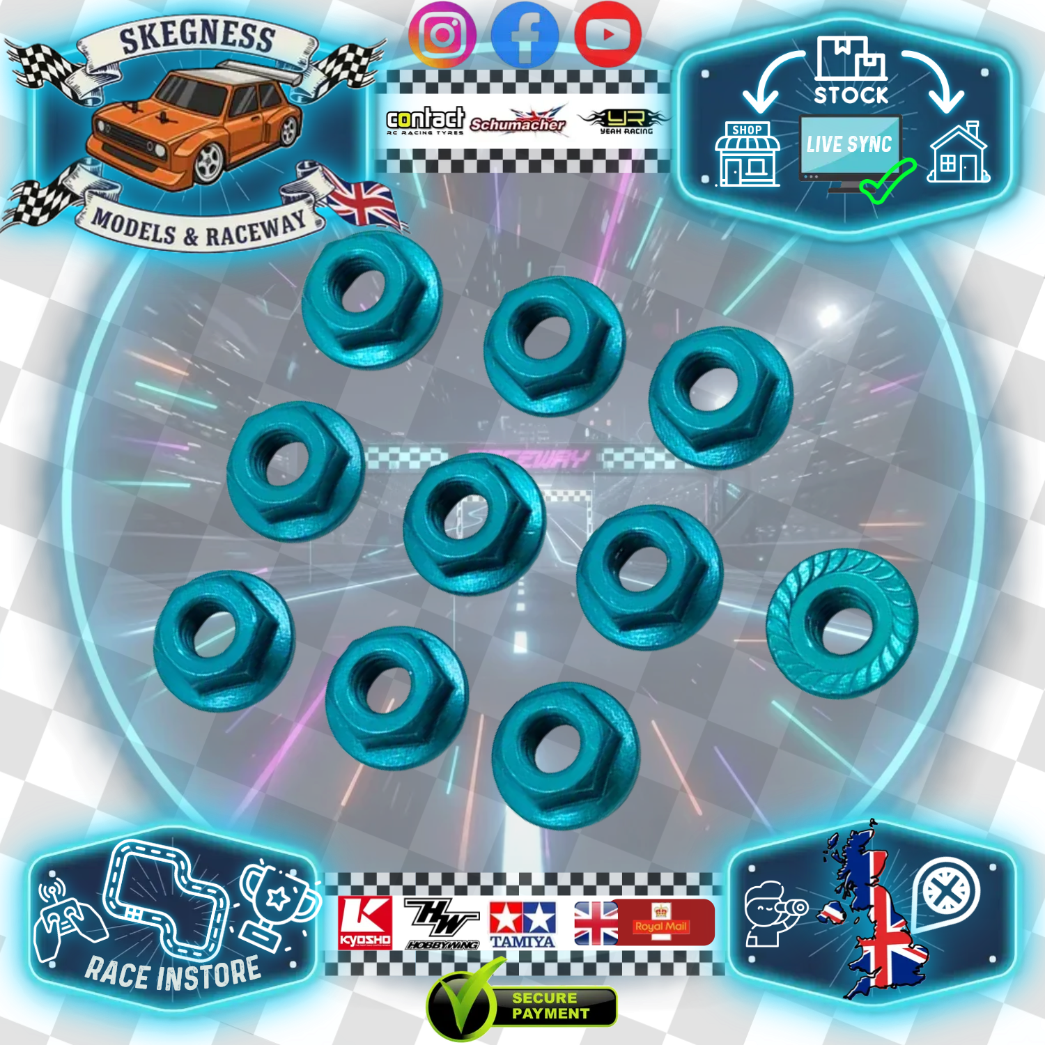 Yeah Racing - M4 1/10 WHEEL NUTS - Light Blue SERRATED ALUMINIUM (10PC) LN-M4S-LB