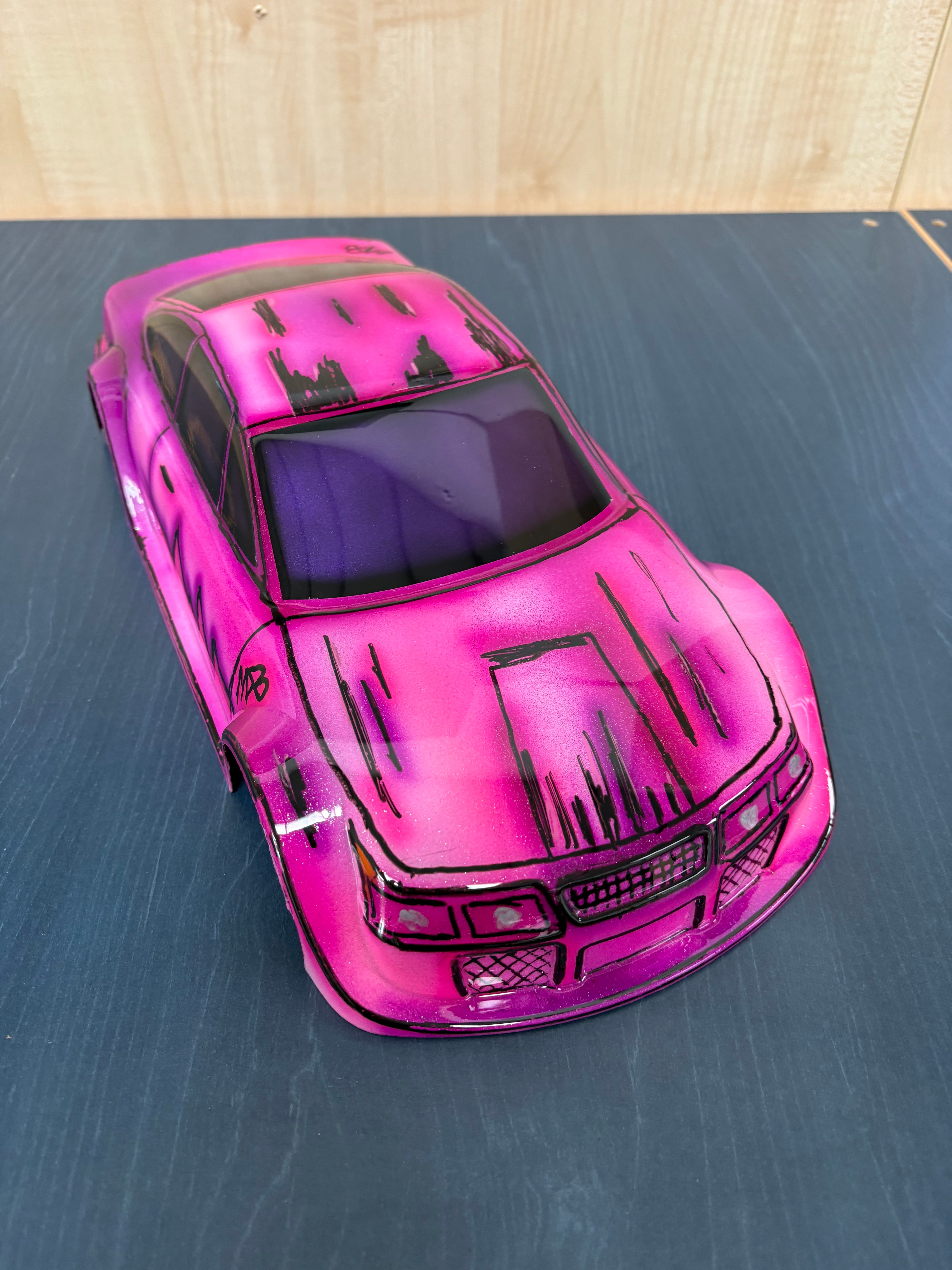Airbrushed GT12 Supastox Body - Opel Calibra - Clear Lexan - Fits 1/12 Car 205mm Wheelbase / 160mm Wide  (Pink Florescent)