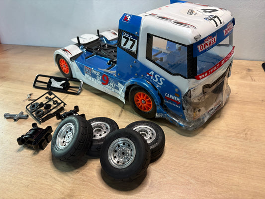 Tamiya TT01E Euro Truck, Race winning Carpet Spec - Iveco S-Way - W/ Core 21 Motor, 19T steel pinion, Yeah Racing 50mm DSG Shocks, Race Prepped Stock Diffs, Bearings, Alloy Prop, Adjustable Tie Rods, spare tyres, parts and body. Used Race Approved.